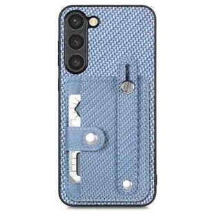 For Samsung Galaxy S23 5G Wristband Kickstand Wallet Back Phone Case with Tool Knife(Blue)