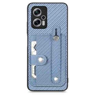 For Redmi Note 11T Pro 5G Wristband Kickstand Card Wallet Back Phone Case with Tool Knife(Blue)