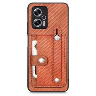 For Redmi Note 11T Pro 5G Wristband Kickstand Card Wallet Back Phone Case with Tool Knife(Brown)