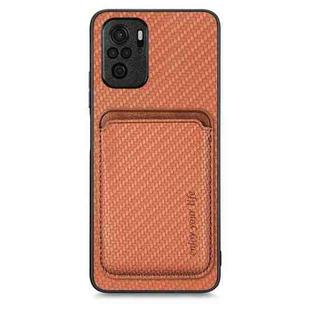 For Xiaomi Redmi Note 10 4G Carbon Fiber Leather Card Magnetic Phone Case(Brown)