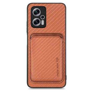 For Redmi Note 11T Pro 5G Carbon Fiber Leather Card Magsafe Phone Case(Brown)