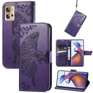 For Motorola Moto Edge 30 Fusion Butterfly Love Flower Embossed Leather Phone Case(Dark Purple)