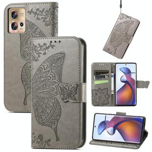 For Motorola Moto Edge 30 Fusion Butterfly Love Flower Embossed Leather Phone Case(Gray)