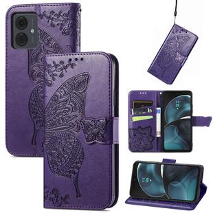 For Motorola Moto  G14 Butterfly Love Flower Embossed Leather Phone Case(Dark Purple)