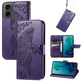 For Motorola Moto G 5G 2024 Butterfly Love Flower Embossed Leather Phone Case(Dark Purple)