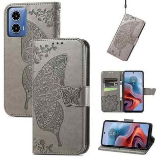 For Motorola Moto G34 Butterfly Love Flower Embossed Leather Phone Case(Gray)