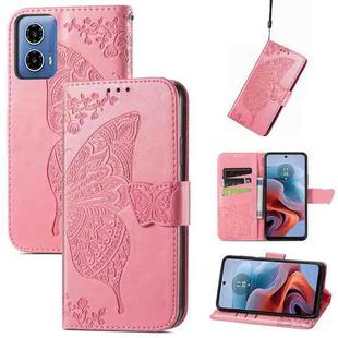 For Motorola Moto G34 Butterfly Love Flower Embossed Leather Phone Case(Pink)