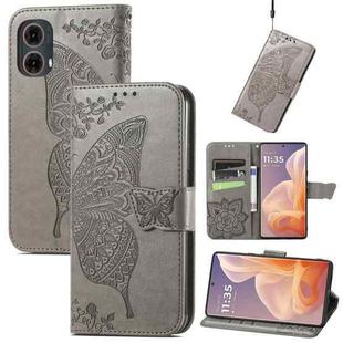 For Motorola Moto G85 Butterfly Love Flower Embossed Leather Phone Case(Gray)