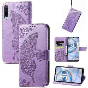 For Honor 30i Butterfly Love Flower Embossed Leather Phone Case(Light Purple)