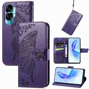 For Honor 90 Lite Butterfly Love Flower Embossed Leather Phone Case(Dark Purple)