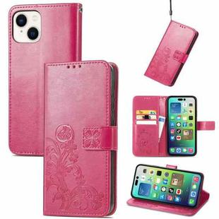 For iPhone 15 Four-leaf Clasp Embossed Buckle Leather Phone Case(Magengta)