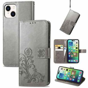 For iPhone 15 Four-leaf Clasp Embossed Buckle Leather Phone Case(Gray)