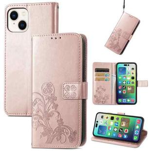 For iPhone 15 Plus Four-leaf Clasp Embossed Buckle Leather Phone Case(Rose Gold)