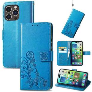 For iPhone 15 Pro Max Four-leaf Clasp Embossed Buckle Leather Phone Case(Blue)