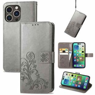 For iPhone 15 Pro Max Four-leaf Clasp Embossed Buckle Leather Phone Case(Gray)