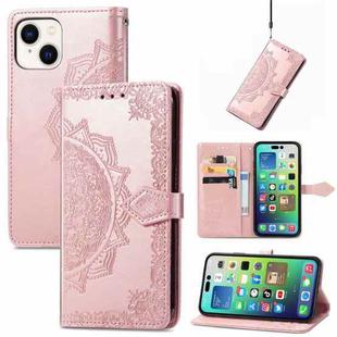 For iPhone 15 Mandala Flower Embossed Leather Phone Case(Rose Gold)