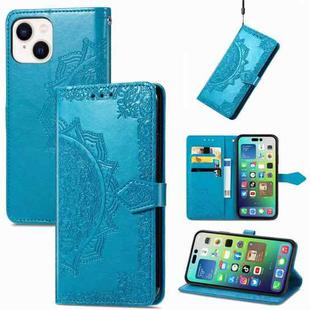 For iPhone 15 Mandala Flower Embossed Leather Phone Case(Blue)