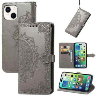 For iPhone 15 Plus Mandala Flower Embossed Leather Phone Case(Gray)