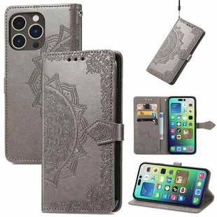For  iPhone 15 Pro Max Mandala Flower Embossed Leather Phone Case(Gray)