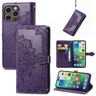 For  iPhone 15 Pro Max Mandala Flower Embossed Leather Phone Case(Purple)