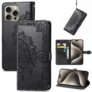 For iPhone 16 Pro Max Mandala Flower Embossed Leather Phone Case(Black)