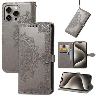 For iPhone 16 Pro Mandala Flower Embossed Leather Phone Case(Gray)