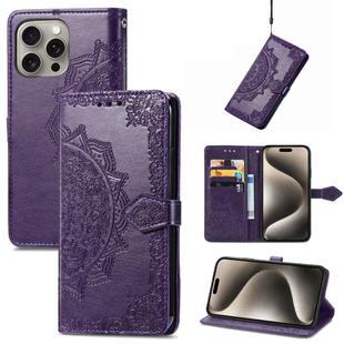 For iPhone 16 Pro Mandala Flower Embossed Leather Phone Case(Purple)