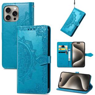 For iPhone 16 Mandala Flower Embossed Leather Phone Case(Blue)