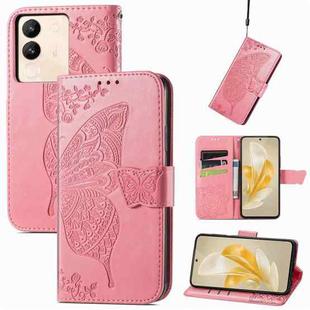 For vivo Y17s Butterfly Love Flower Embossed Leather Phone Case(Pink)