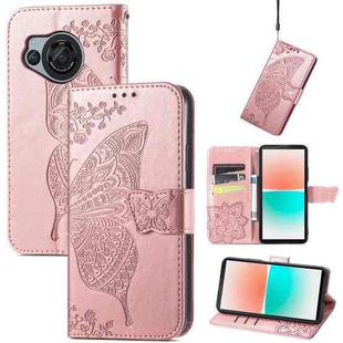 For Sharp Aquos R8 Butterfly Love Flower Embossed Leather Phone Case(Rose Gold)