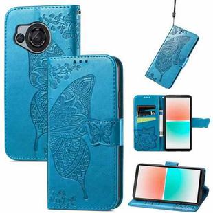 For Sharp Aquos R8 Butterfly Love Flower Embossed Leather Phone Case(Blue)