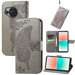 For Sharp Aquos R8 Butterfly Love Flower Embossed Leather Phone Case(Gray)