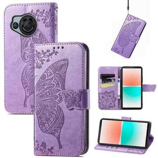 For Sharp Aquos R8 Butterfly Love Flower Embossed Leather Phone Case(Lavender)