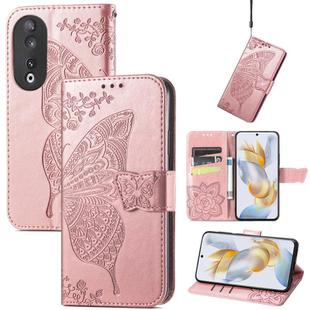 For Honor 90 Butterfly Love Flower Embossed Leather Phone Case(Rose Gold)