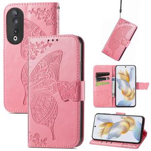 For Honor 90 Butterfly Love Flower Embossed Leather Phone Case(Pink)
