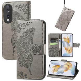 For Honor 90 Butterfly Love Flower Embossed Leather Phone Case(Gray)