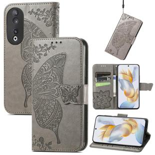 For Honor X6A Butterfly Love Flower Embossed Leather Phone Case(Gray)