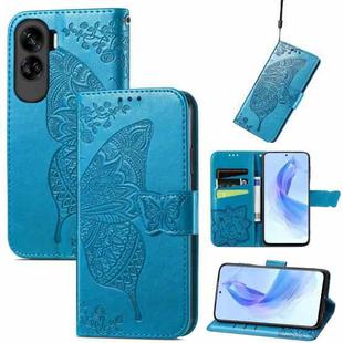 For Honor 90 Lite Butterfly Love Flower Embossed Leather Phone Case(Blue)
