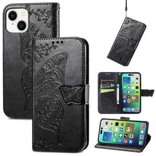 For iPhone 15 Butterfly Love Flower Embossed Leather Phone Case(Black)