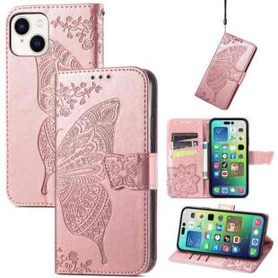 For iPhone 15 Butterfly Love Flower Embossed Leather Phone Case(Rose Gold)