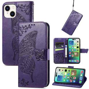 For iPhone 15 Plus Butterfly Love Flower Embossed Leather Phone Case(Dark Purple)