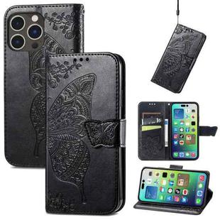 For iPhone 15 Pro Butterfly Love Flower Embossed Leather Phone Case(Black)