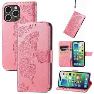 For iPhone 15 Pro Butterfly Love Flower Embossed Leather Phone Case(Pink)