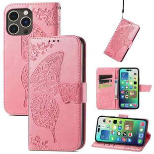 For iPhone 15 Pro Max Butterfly Love Flower Embossed Leather Phone Case(Pink)