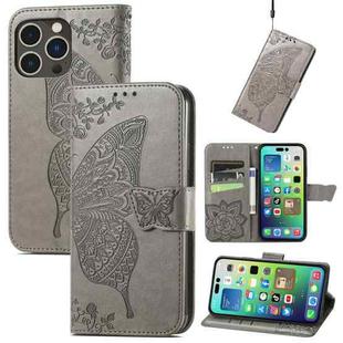 For iPhone 15 Pro Max Butterfly Love Flower Embossed Leather Phone Case(Gray)