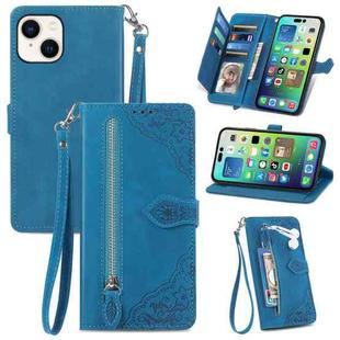 For iPhone 15 Embossed Flower Zipper Leather Phone Case(Blue)