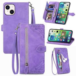 For iPhone 15 Embossed Flower Zipper Leather Phone Case(Purple)
