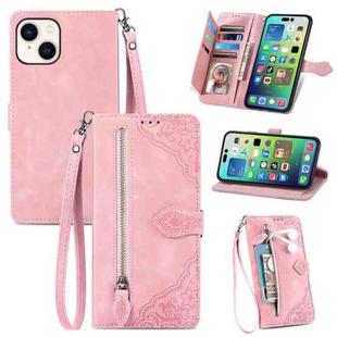 For iPhone 15 Embossed Flower Zipper Leather Phone Case(Pink)