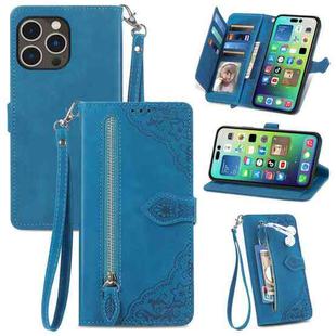 For iPhone 15 Pro Embossed Flower Zipper Leather Phone Case(Blue)