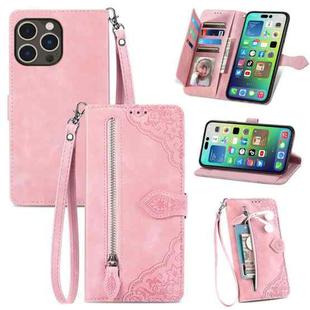 For iPhone 15 Pro Embossed Flower Zipper Leather Phone Case(Pink)